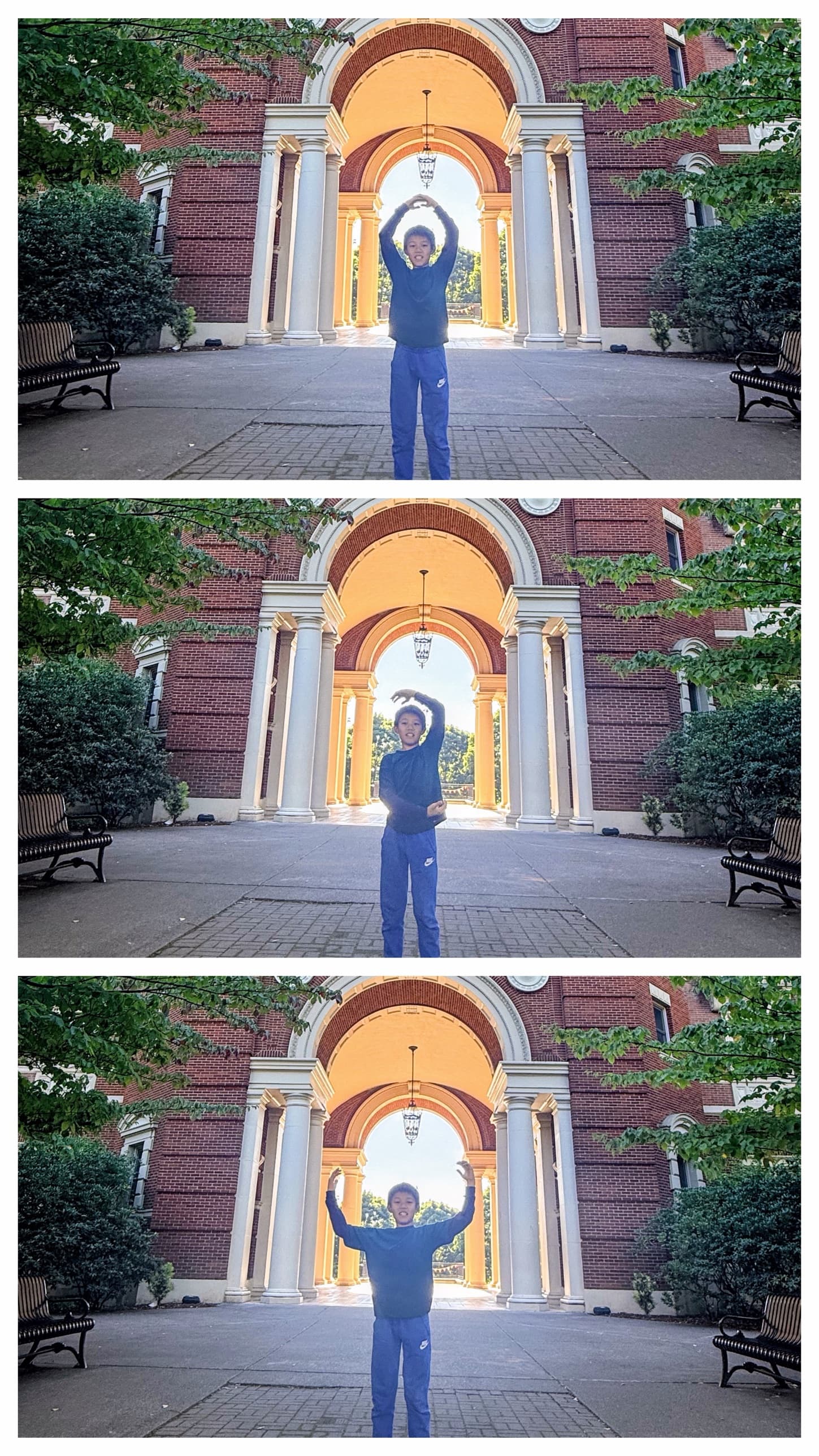 Our younger son's three poses under the red-brick archway