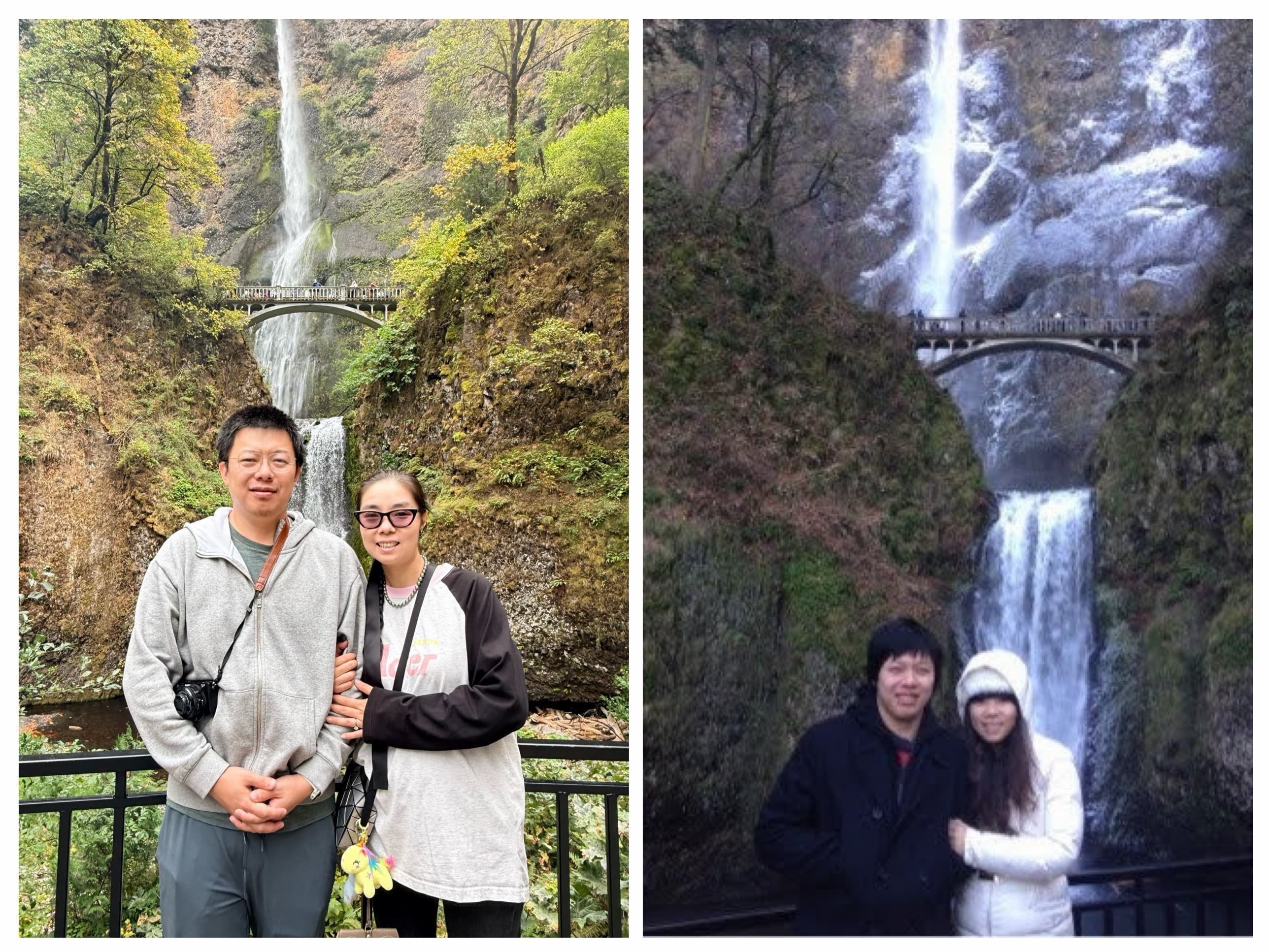The same spot at Multnomah Falls, now and then